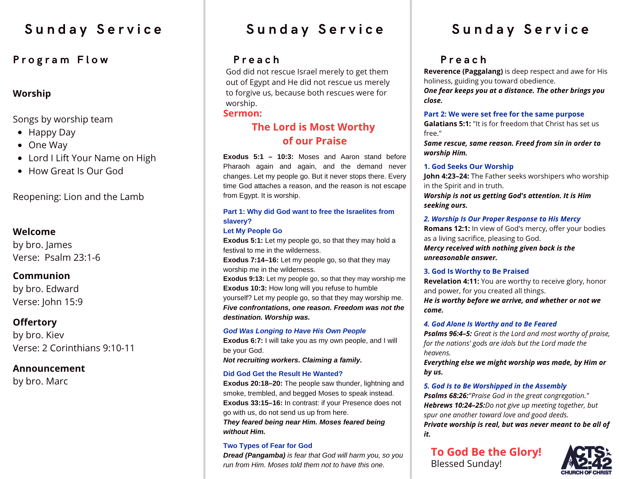 The Lord is Most Worthy of our Praise — brochure inside