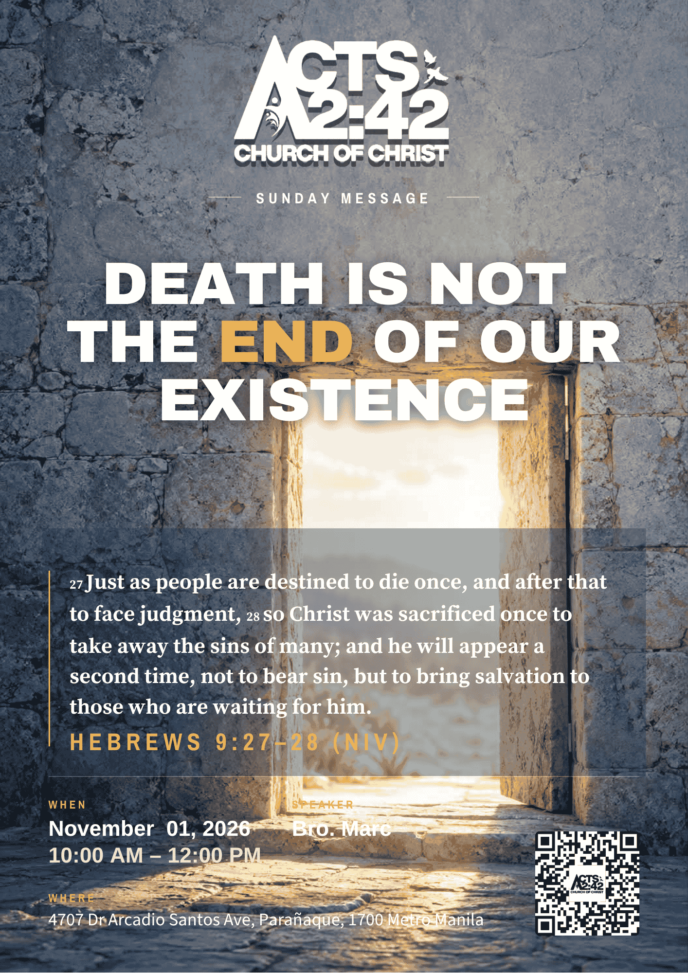 Sunday message poster for November 1, 2026